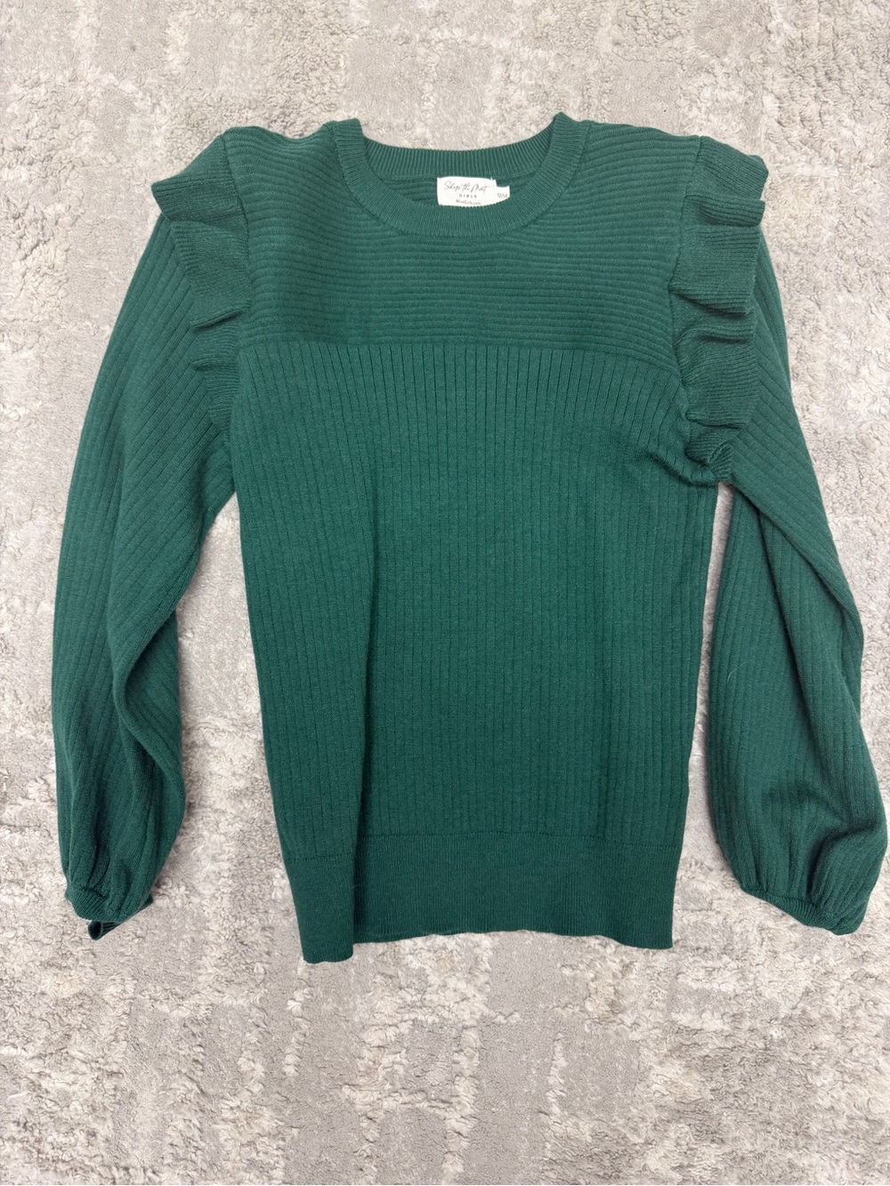 Ruffled Shoulder Rib-Knit Sweater - Dark Green